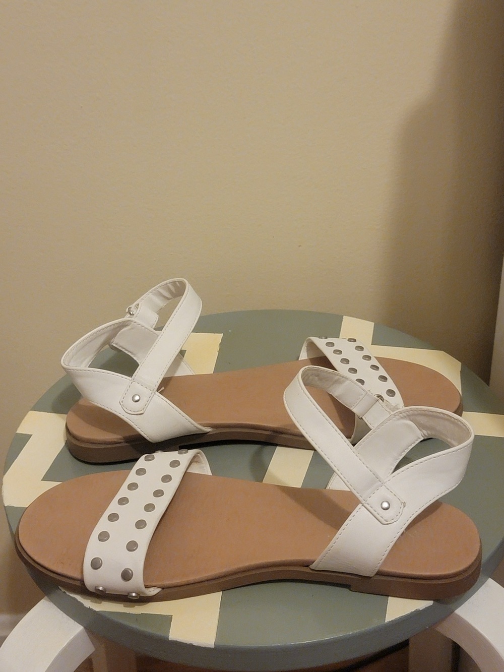 White Studded Ankle-Strap Women's Sandals-8W - Picture 2 of 2